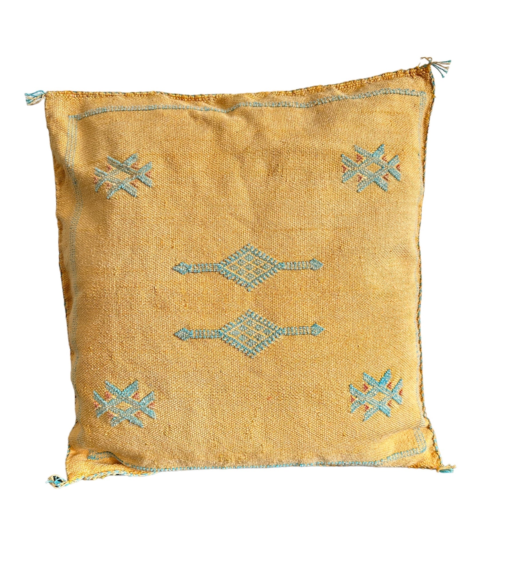 bomuld pude i gul farve med blå mønster