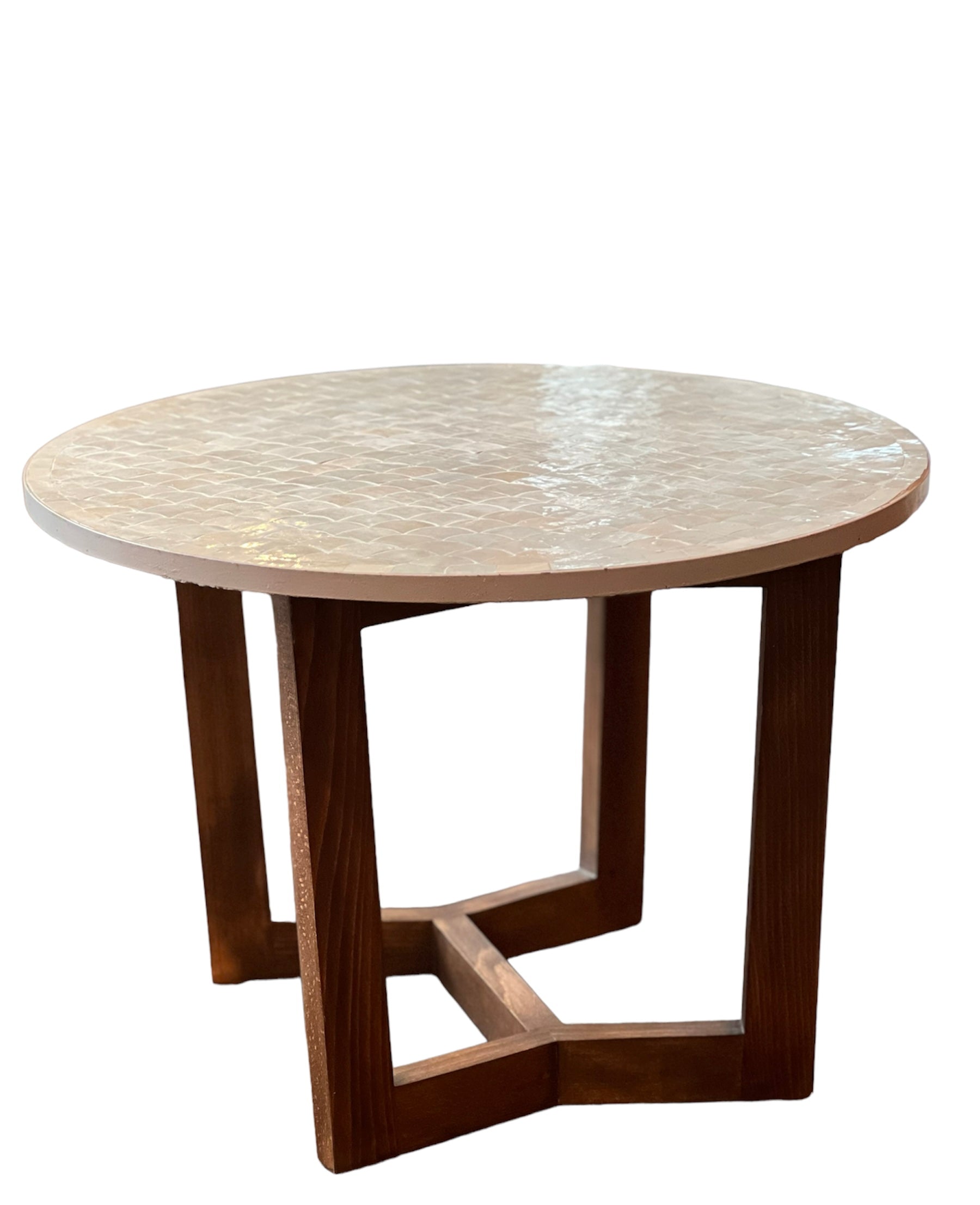 Rundt natur mosaik bord i mørk træstel