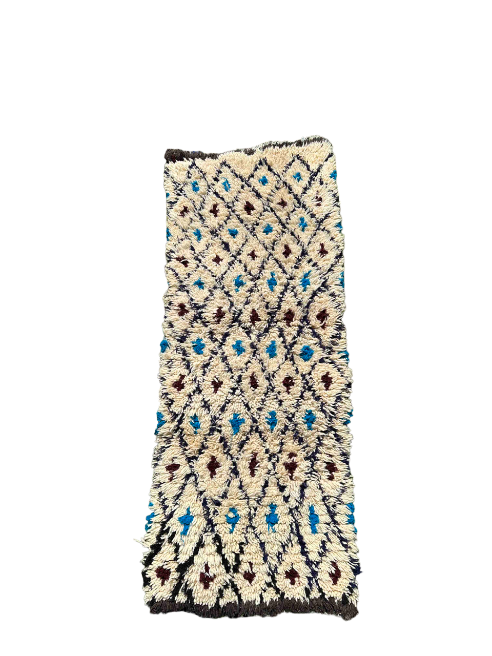 Beni Quarain Marrokansk tæppe hvide, sorte, blå og brune nuancer.